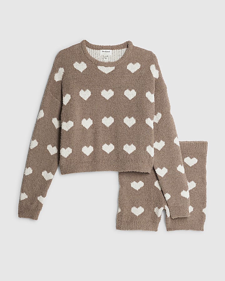river island Brown Fluffy Heart Jumper Shorts Set