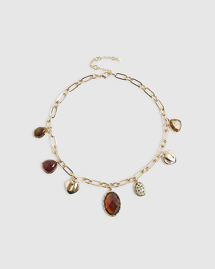 River Island Brown Gem Charm Necklace