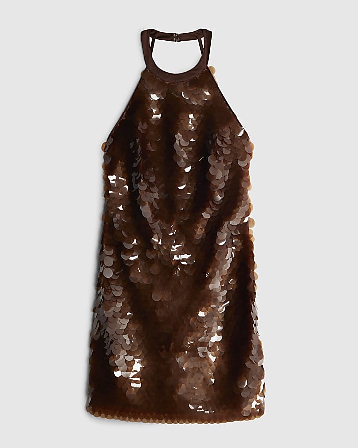 river island Brown Halter Neck Sequin Mini Dress