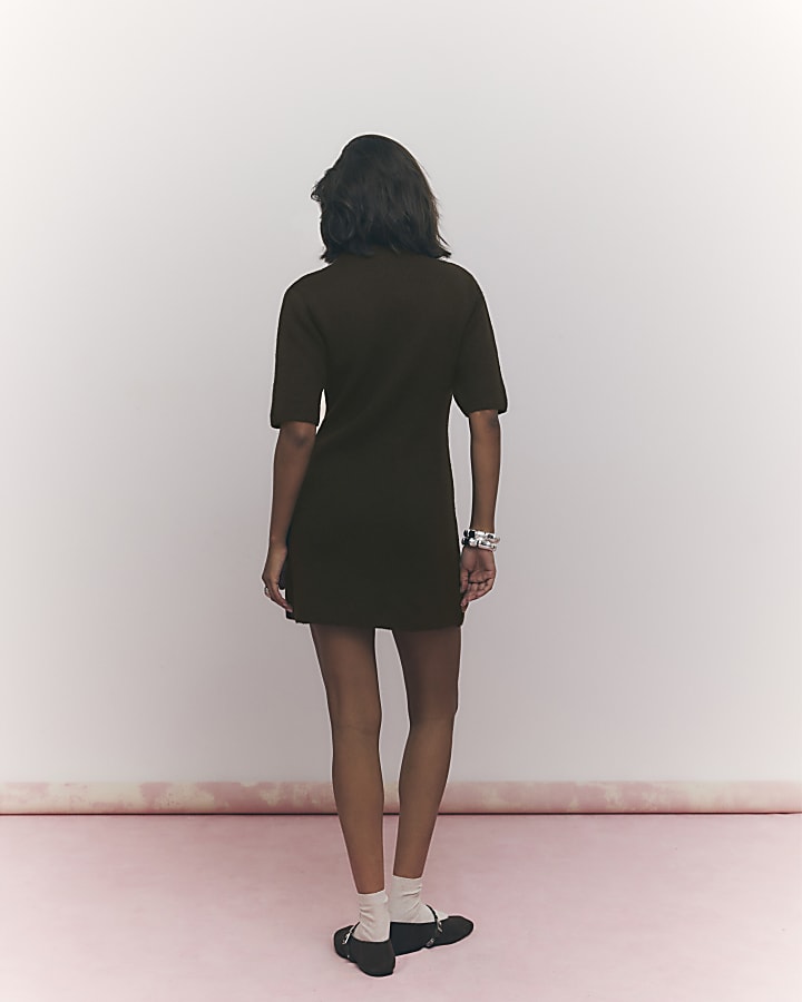 river island Brown High Neck Cosy Mini Dress