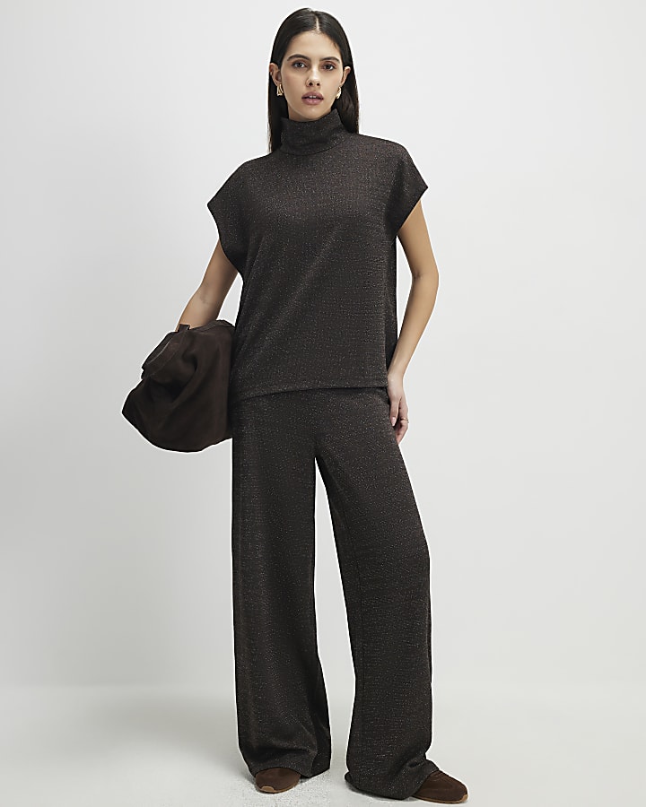 River Island Brown High Neck Glitter Top