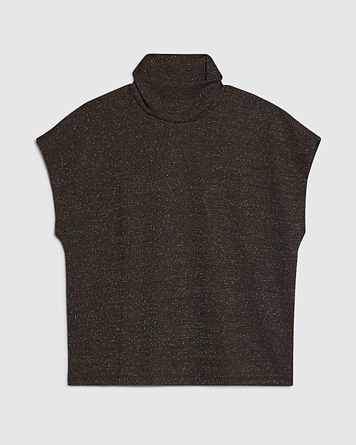 river island Brown High Neck Glitter Top