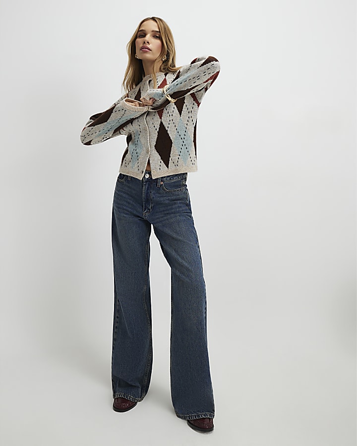 River Island Brown Knitted Argyle Cardigan