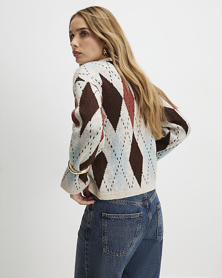 River Island Brown Knitted Argyle Cardigan
