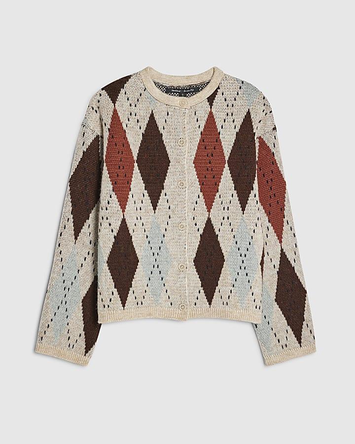 river island Brown Knitted Argyle Cardigan