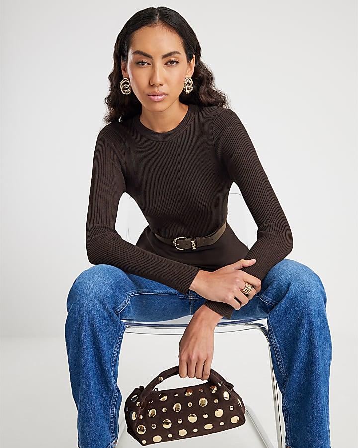 River Island Brown Knitted Belted Peplum Top