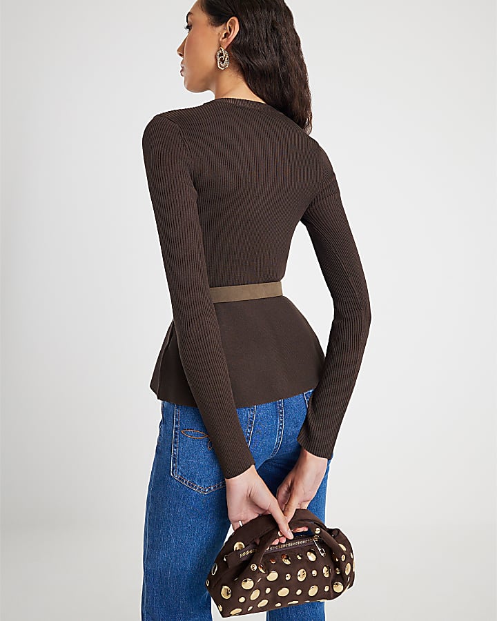 river island Brown Knitted Belted Peplum Top