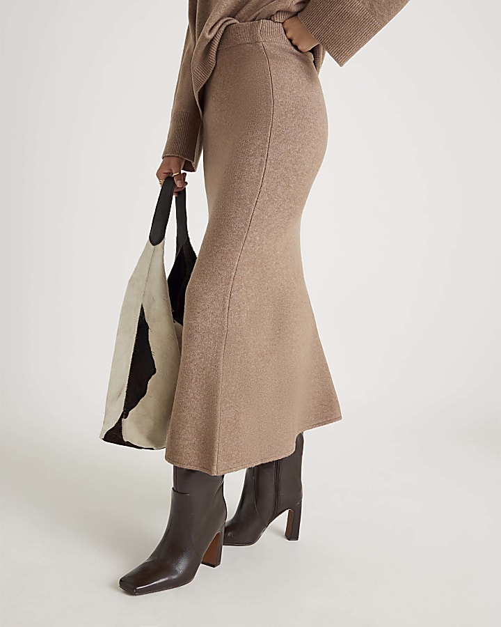 River Island Brown Knitted Midi Skirt
