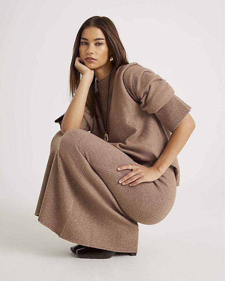 River Island Brown Knitted Midi Skirt