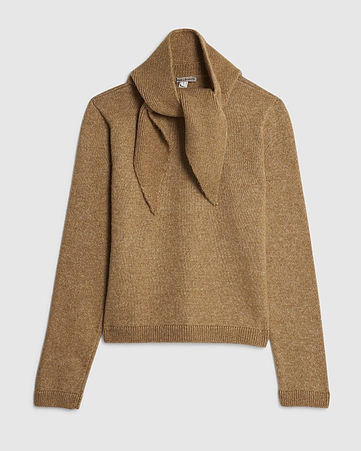 river island Brown Knitted Neck Tie Jumper