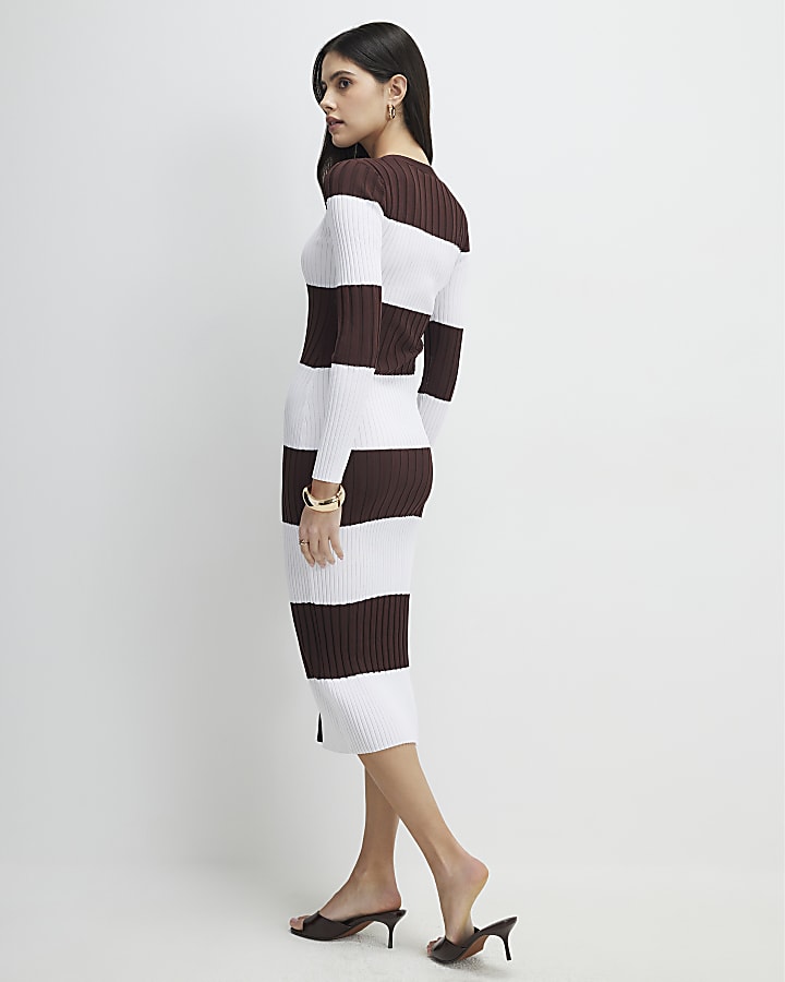 river island Brown Knitted Striped Midi Dress