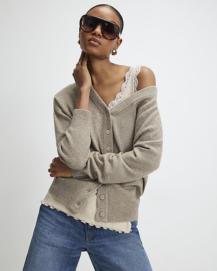 River Island Brown Knitted V Neck Cardigan