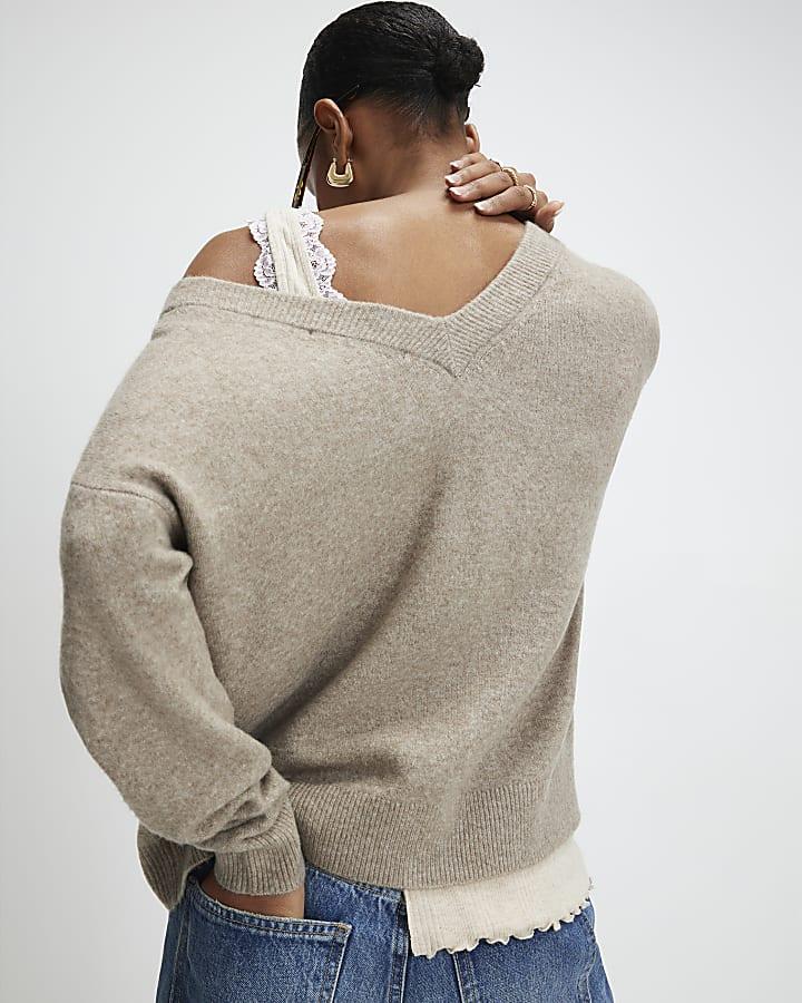 river island Brown Knitted V Neck Cardigan