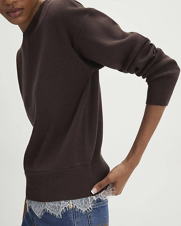 River Island Brown Lace Hem Jumper