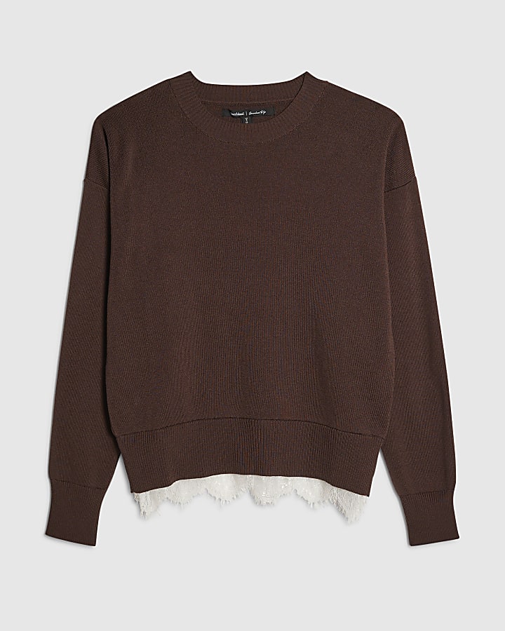 river island Brown Lace Hem Jumper