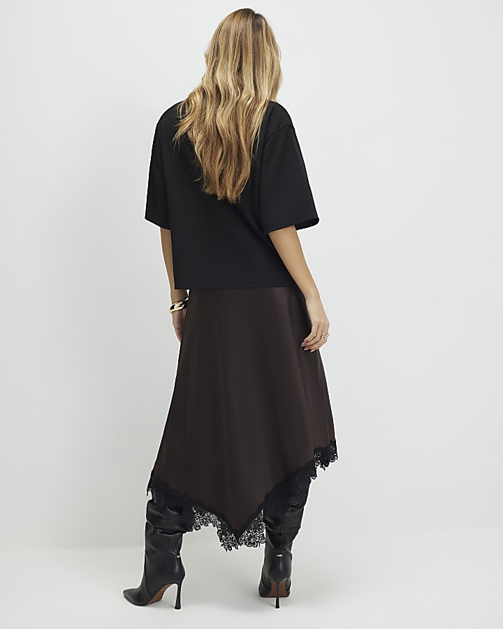 River Island Brown Lace Hybrid T-Shirt Maxi Dress