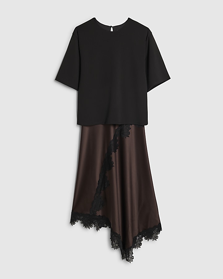 river island Brown Lace Hybrid T-Shirt Maxi Dress
