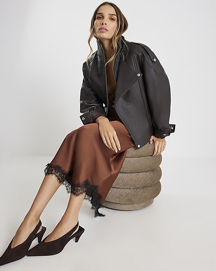River Island Brown Lace Trim Satin Midi Skirt