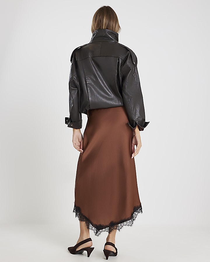 River Island Brown Lace Trim Satin Midi Skirt