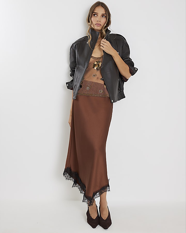 River Island Brown Lace Trim Satin Midi Skirt