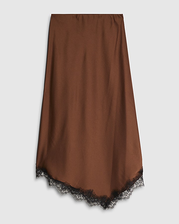 river island Brown Lace Trim Satin Midi Skirt