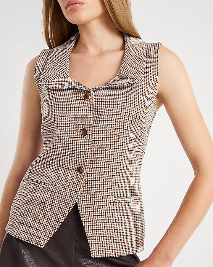 River Island Brown Lapel Check Waistcoat