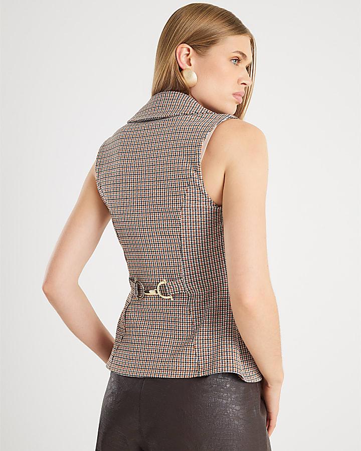River Island Brown Lapel Check Waistcoat
