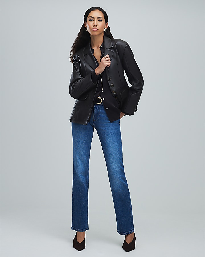 River Island Brown Leather Fitted Waist Blazer