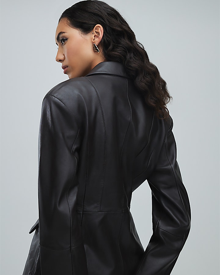 River Island Brown Leather Fitted Waist Blazer