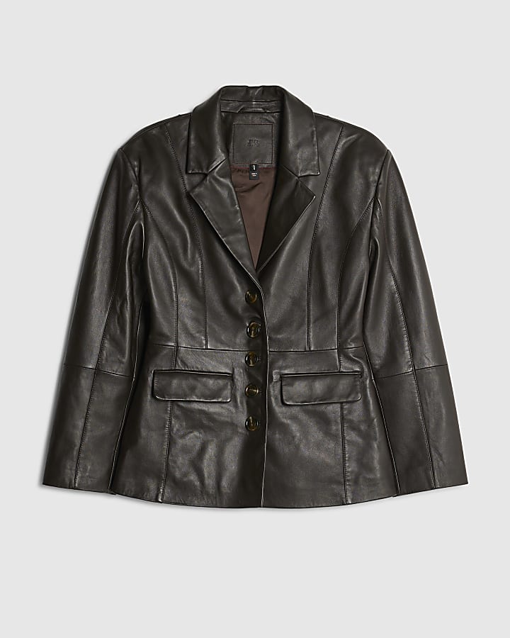 river island Brown Leather Fitted Waist Blazer