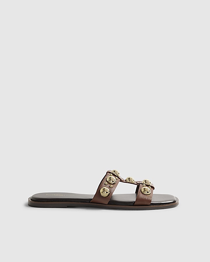River Island Brown Leather Studded Flat Sandals