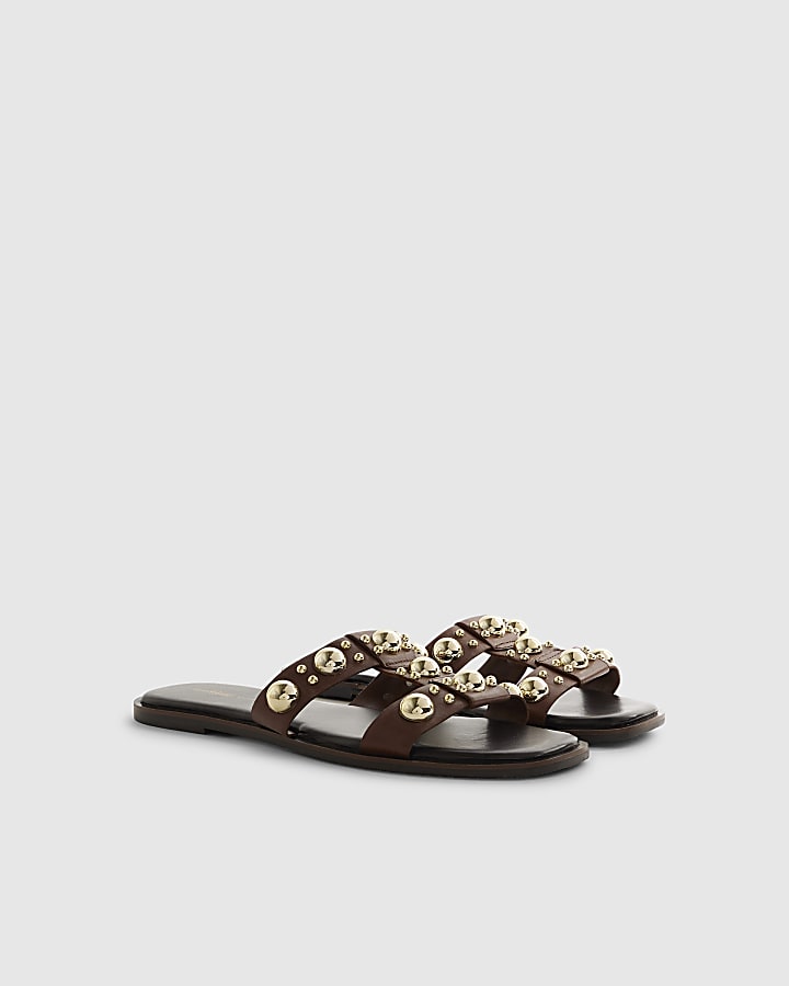 River Island Brown Leather Studded Flat Sandals
