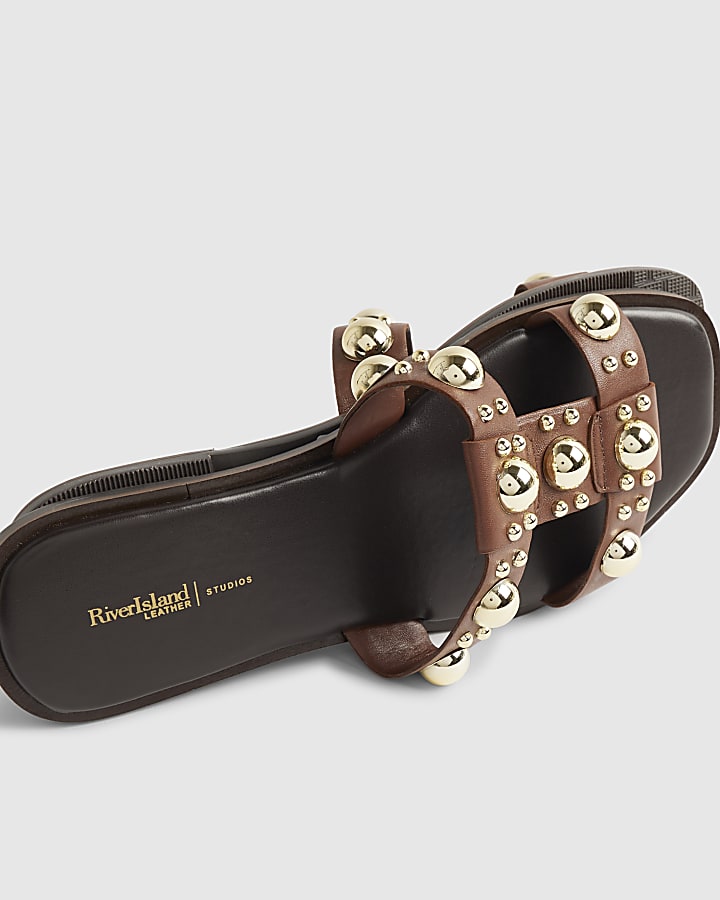 river island Brown Leather Studded Flat Sandals