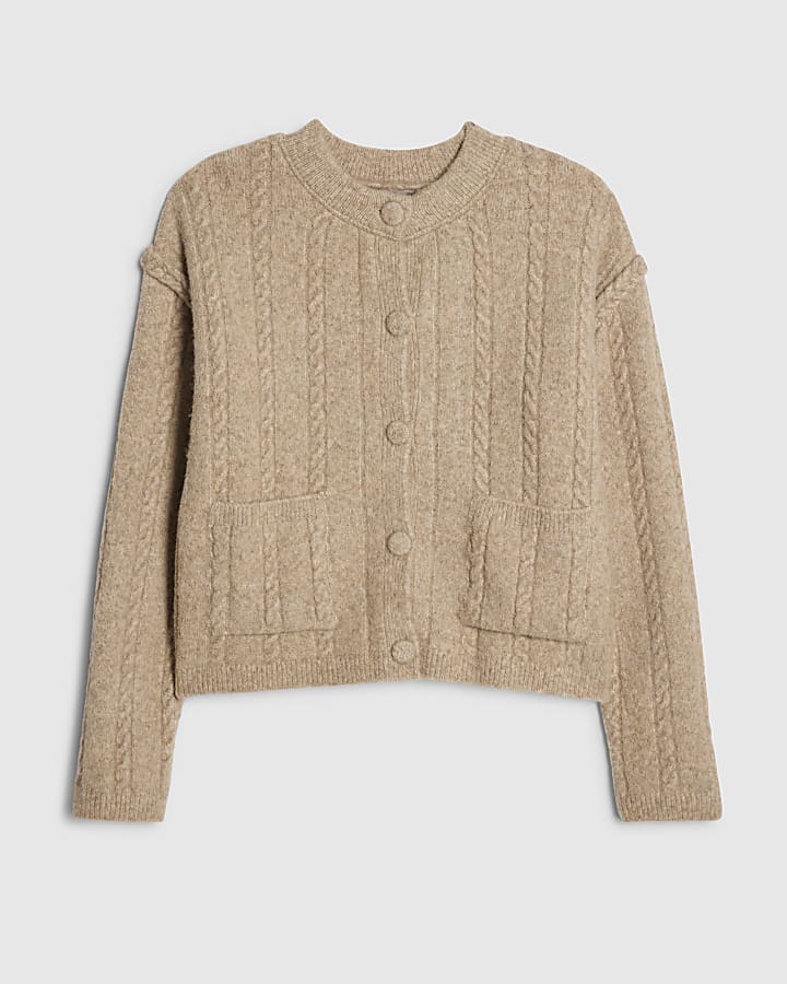 river island Brown Long Sleeve Cable Knit Cardigan