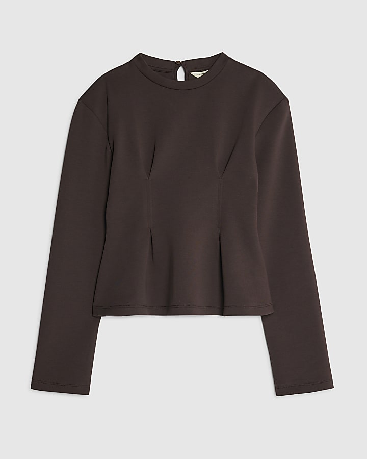 river island Brown Long Sleeve Corset Detail Top