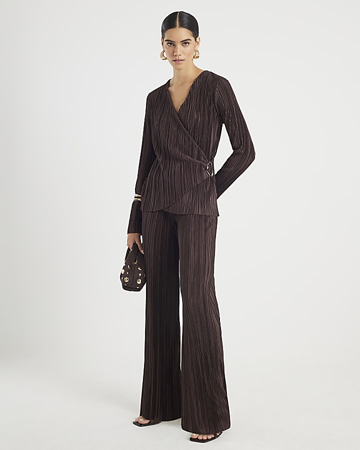River Island Brown Long Sleeve Plisse Wrap Top