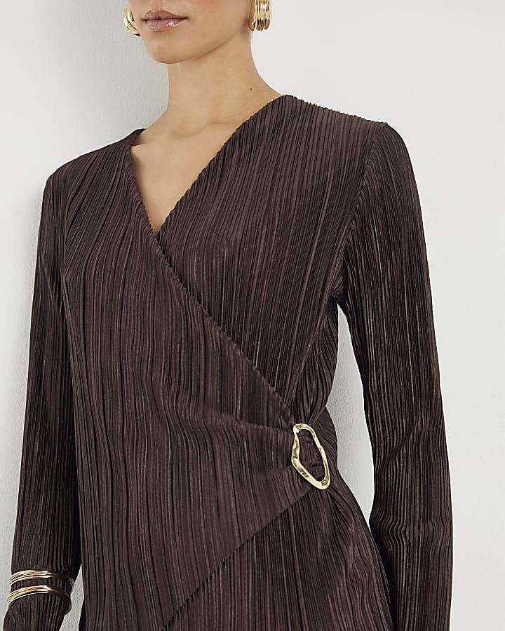 River Island Brown Long Sleeve Plisse Wrap Top