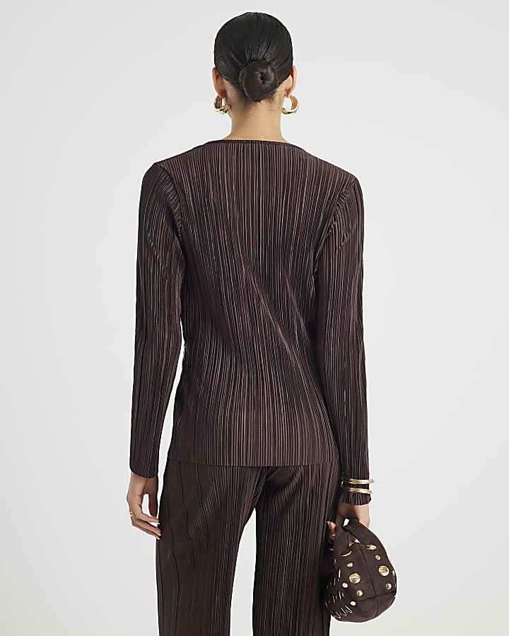 River Island Brown Long Sleeve Plisse Wrap Top