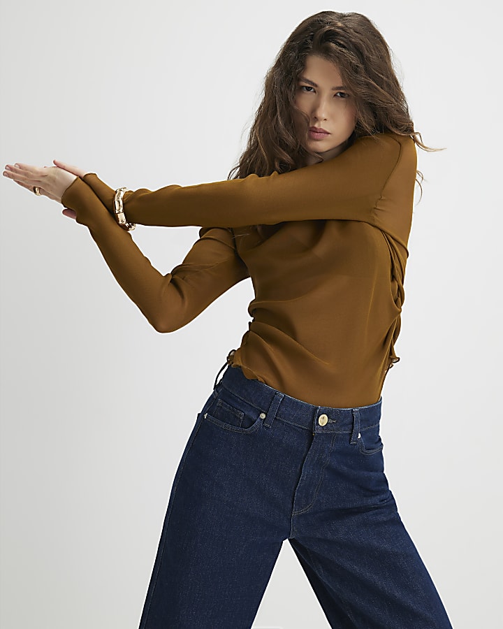 River Island Brown Mesh Long Sleeve Ruched Top