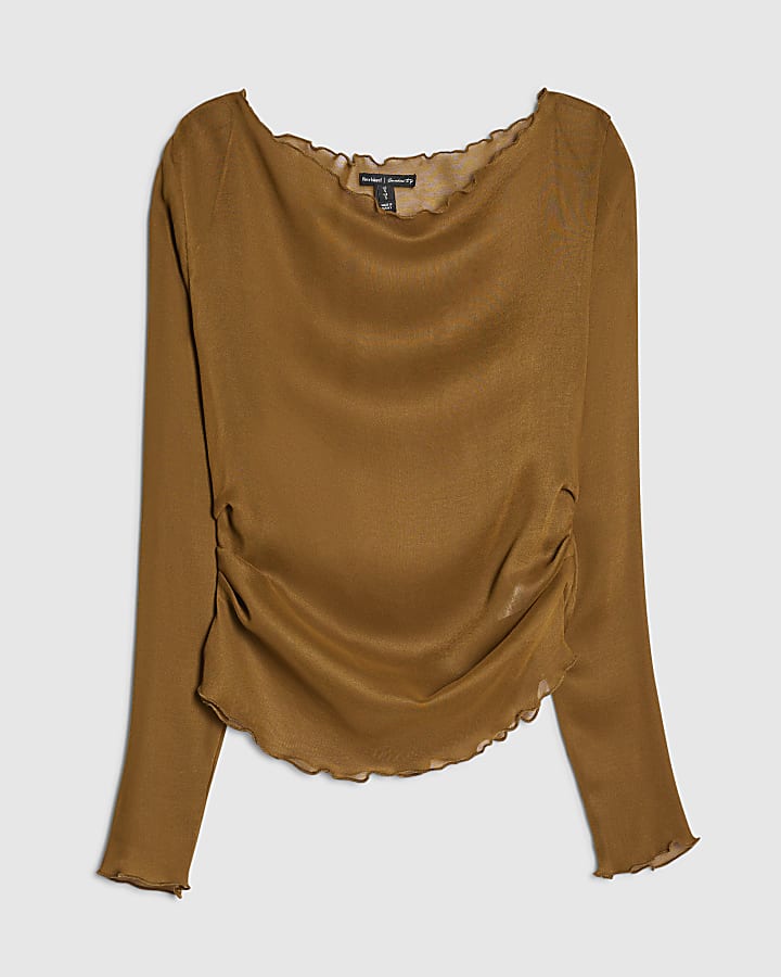 river island Brown Mesh Long Sleeve Ruched Top