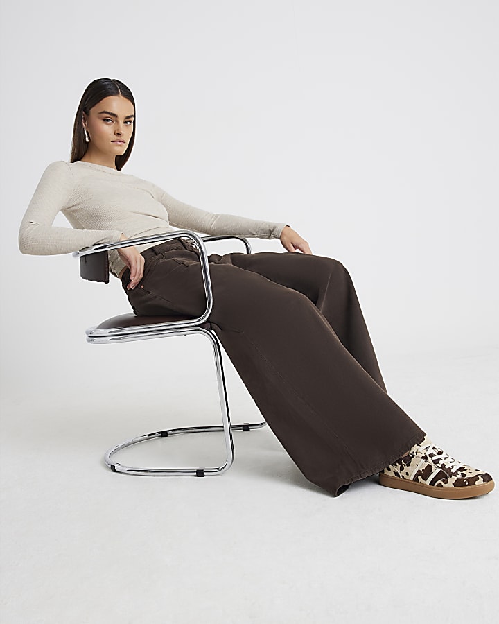 River Island Brown Mid Rise Baggy Wide Leg Jeans