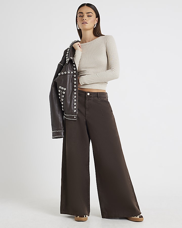 River Island Brown Mid Rise Baggy Wide Leg Jeans