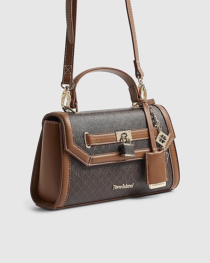 River Island Brown Monogram Padlock Front Tote Bag