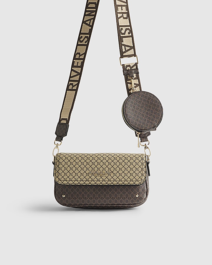 River Island Brown Monogram Print Cross Body Bag
