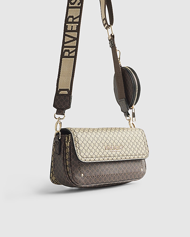 River Island Brown Monogram Print Cross Body Bag