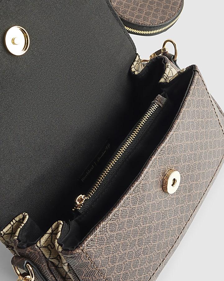 river island Brown Monogram Print Cross Body Bag