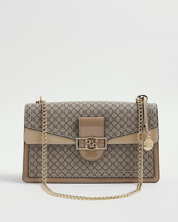 River Island Brown Monogram Print Shoulder Bag