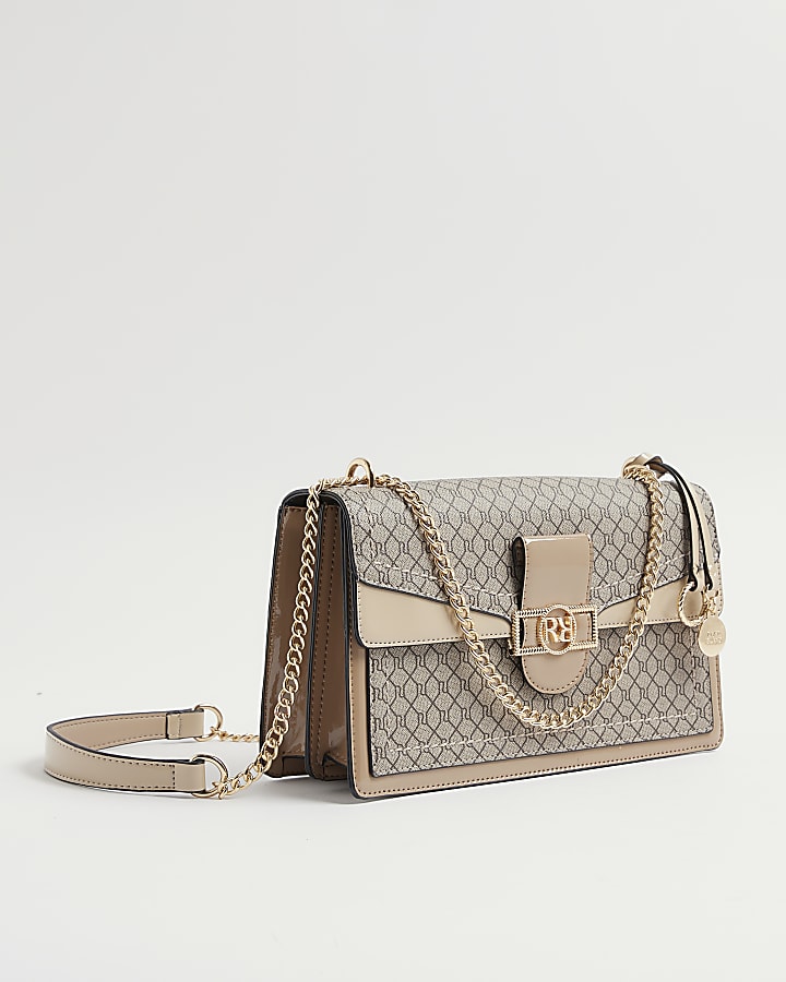 River Island Brown Monogram Print Shoulder Bag