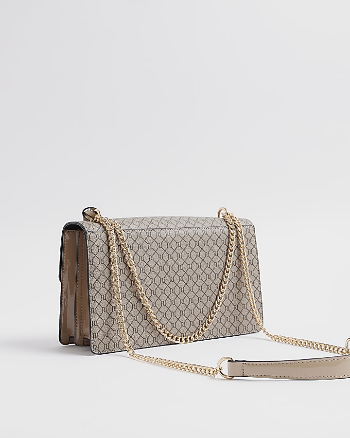 River Island Brown Monogram Print Shoulder Bag