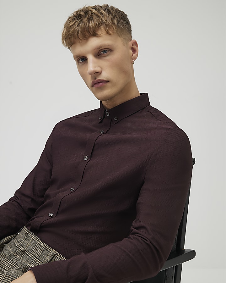 River Island Brown Muscle Fit Textured Shirt